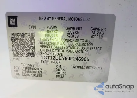 2018 GMC Sierra K2500 Denali z USA, uszkodzony, nr VIN 1GT12UEY9JF246905